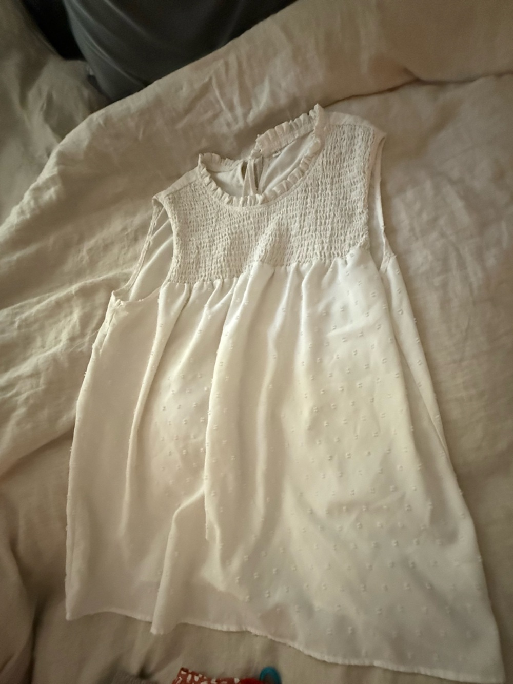 White Swiss Dot Smocked Sleeveless Blouse